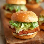 Crispy Chicken Caesar Sliders with lettuce and dressing on a wooden serving board