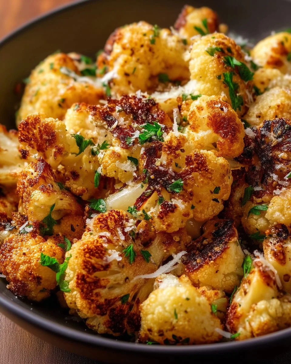 Crispy garlic parmesan cauliflower dish garnished and ready to serve.