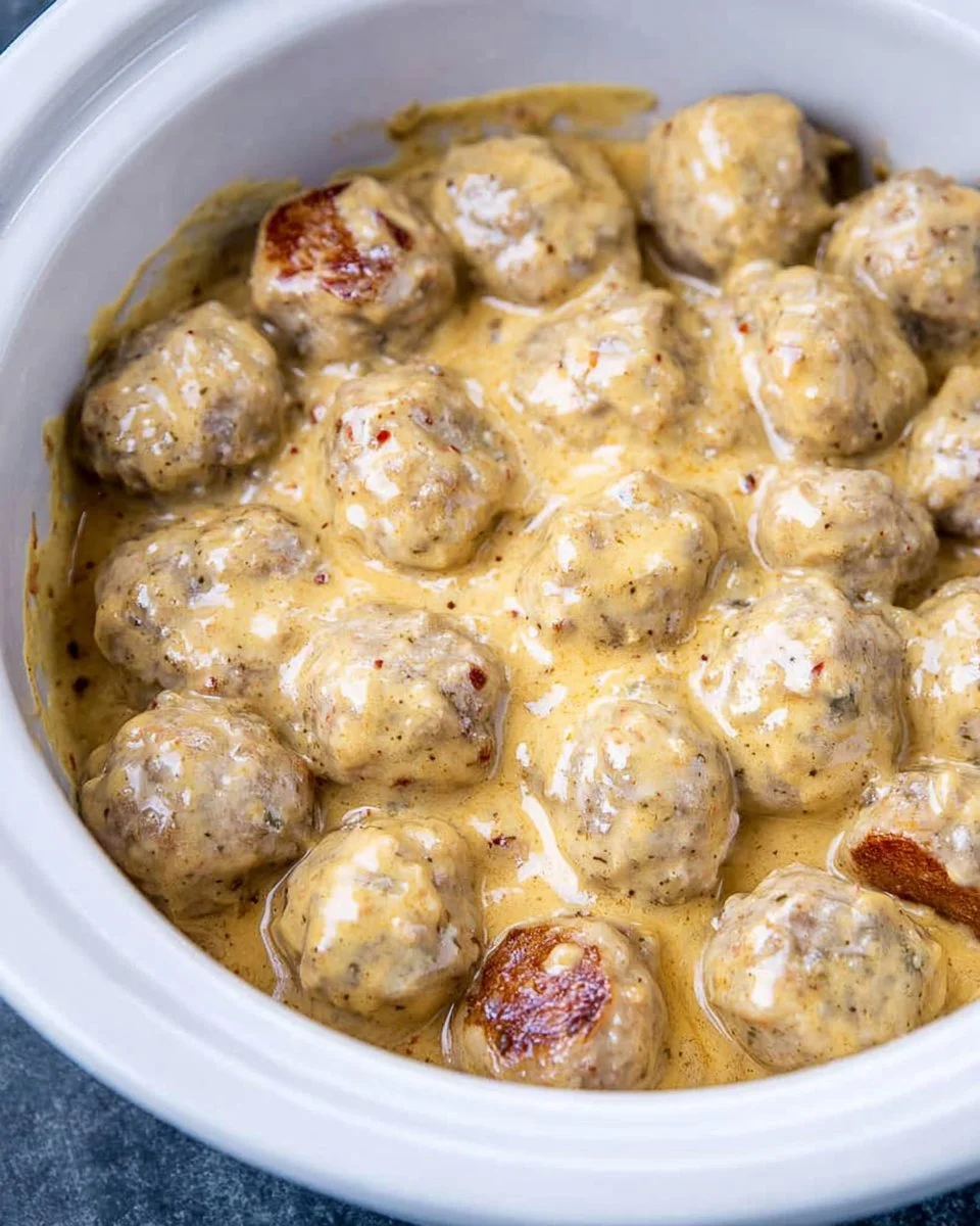 Crockpot Swedish meatballs served on a plate with gravy and parsley garnish