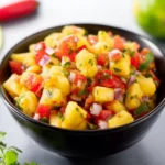 Fresh pineapple tomato salsa served in a bowl with tortilla chips