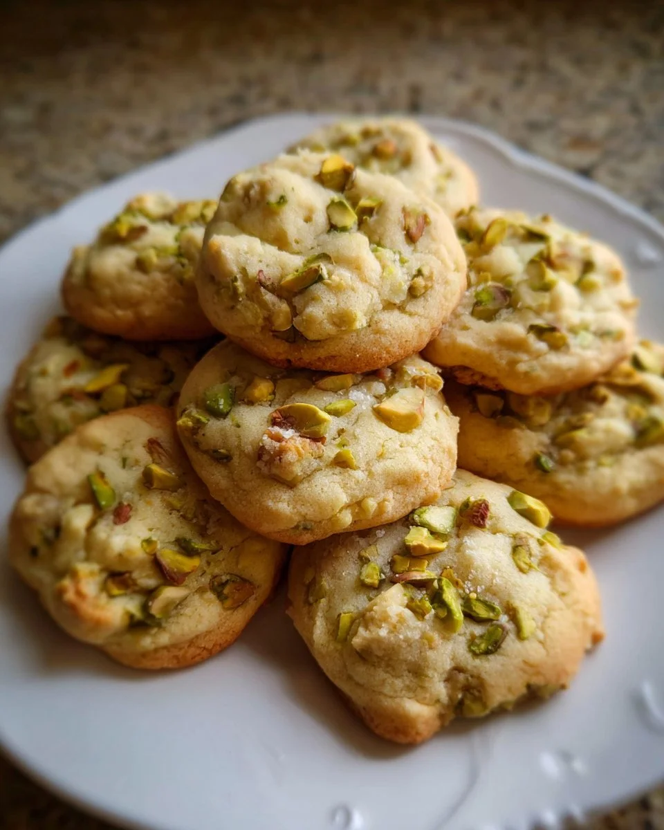 Chewy pistachio pudding cookies stacked on a plate.
