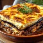 Delicious easy and quick moussaka served in a ceramic dish