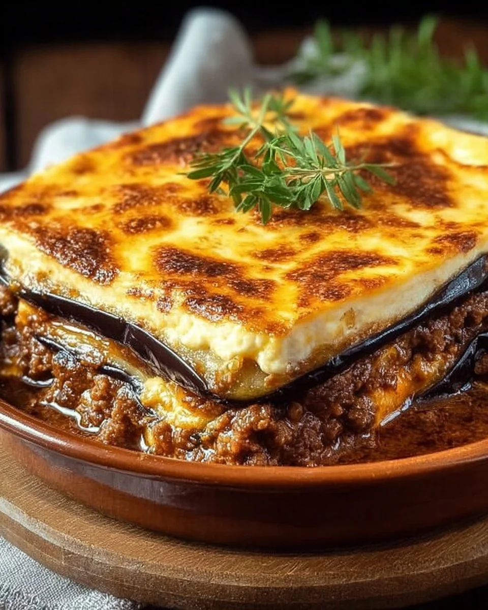 Delicious easy and quick moussaka served in a ceramic dish