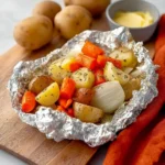 Delicious grilled potatoes, carrots, and onions wrapped in foil on a BBQ grill.
