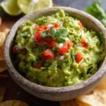 Bowl of fresh guacamole served with tortilla chips