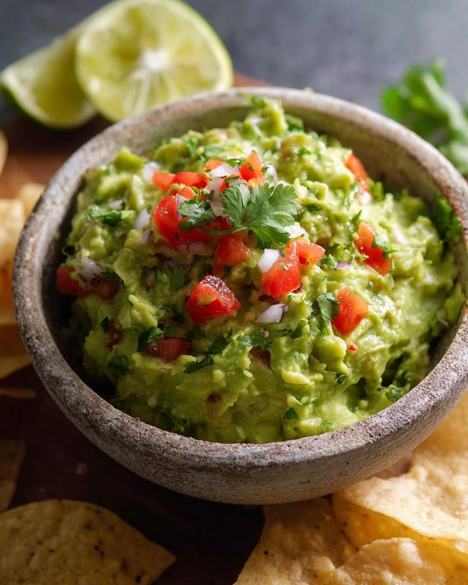 Bowl of fresh guacamole served with tortilla chips