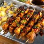Grilled easy Hawaiian chicken kabobs with colorful veggies and pineapple