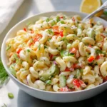 Bowl of easy macaroni salad with fresh vegetables and creamy dressing
