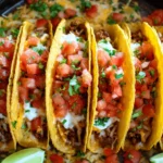 Delicious easy oven baked beef tacos, ready to serve with toppings.