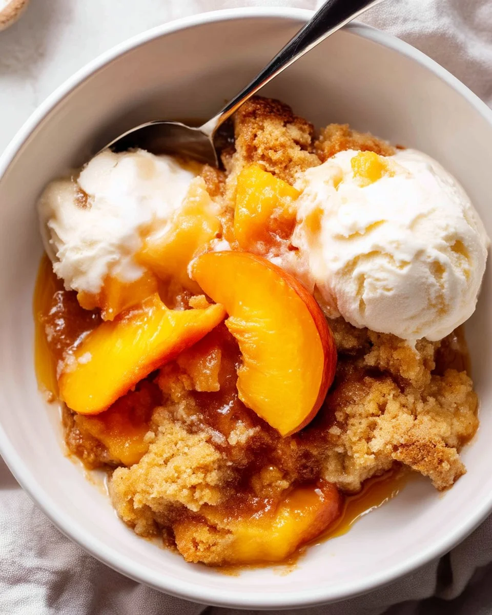 Freshly baked easy peach cobbler made from scratch and served warm.