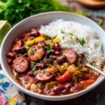 Delicious easy red beans and rice with sausage served in a bowl