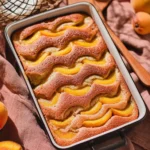 Slice of easy summer peach cake with fresh peach garnish