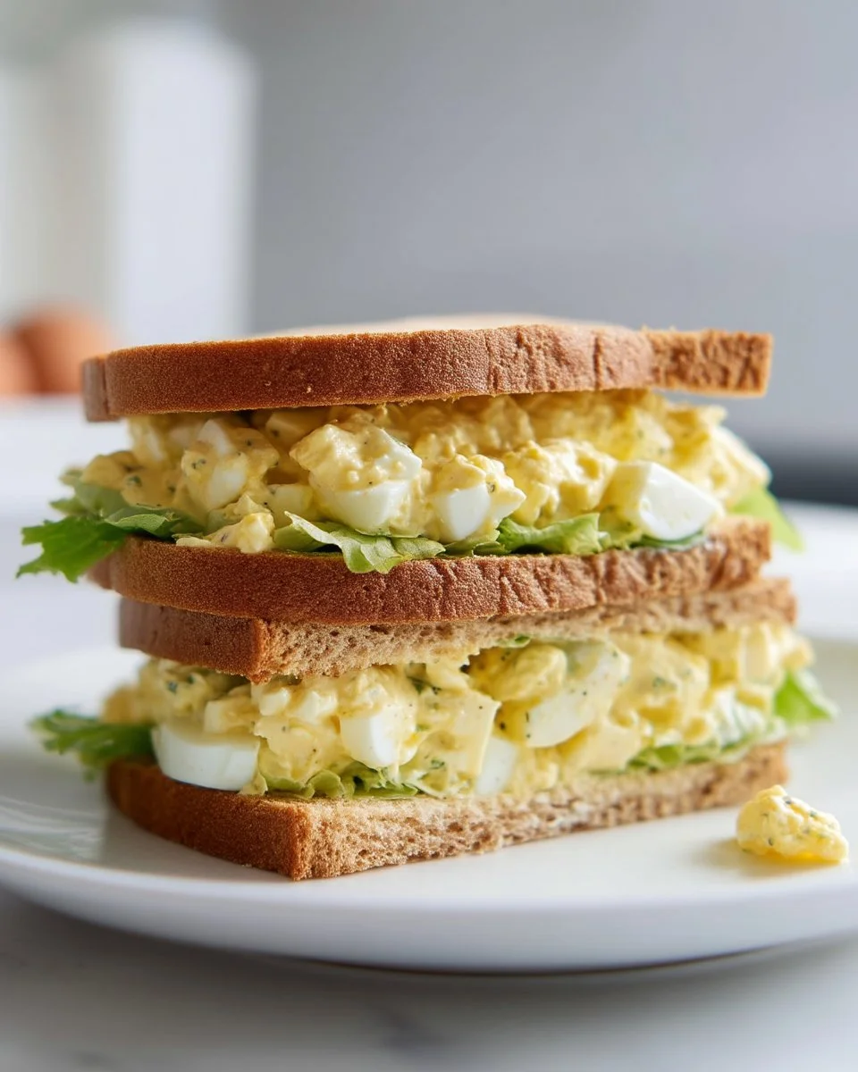 Delicious homemade egg salad sandwich on a plate with fresh ingredients.