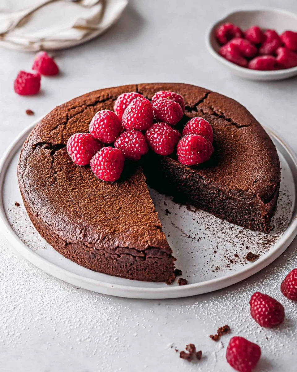 Flourless vegan chocolate cake topped with berries and chocolate drizzle