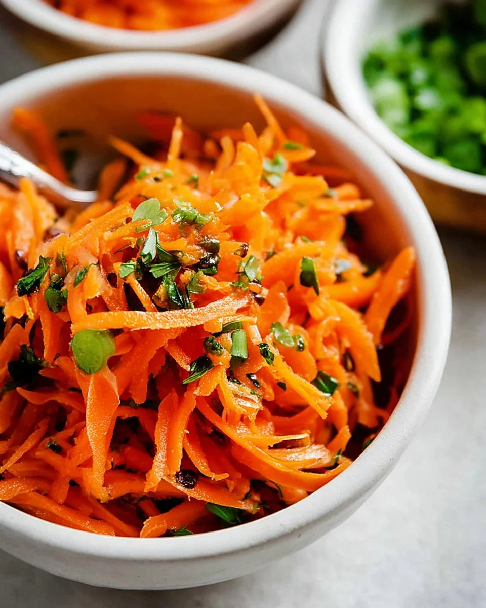 Colorful French carrot salad with fresh ingredients and zesty dressing