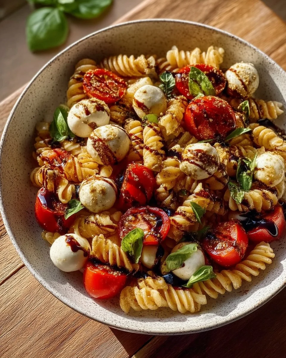Fresh Caprese Pasta Salad with mozzarella, tomatoes, and basil in a bowl