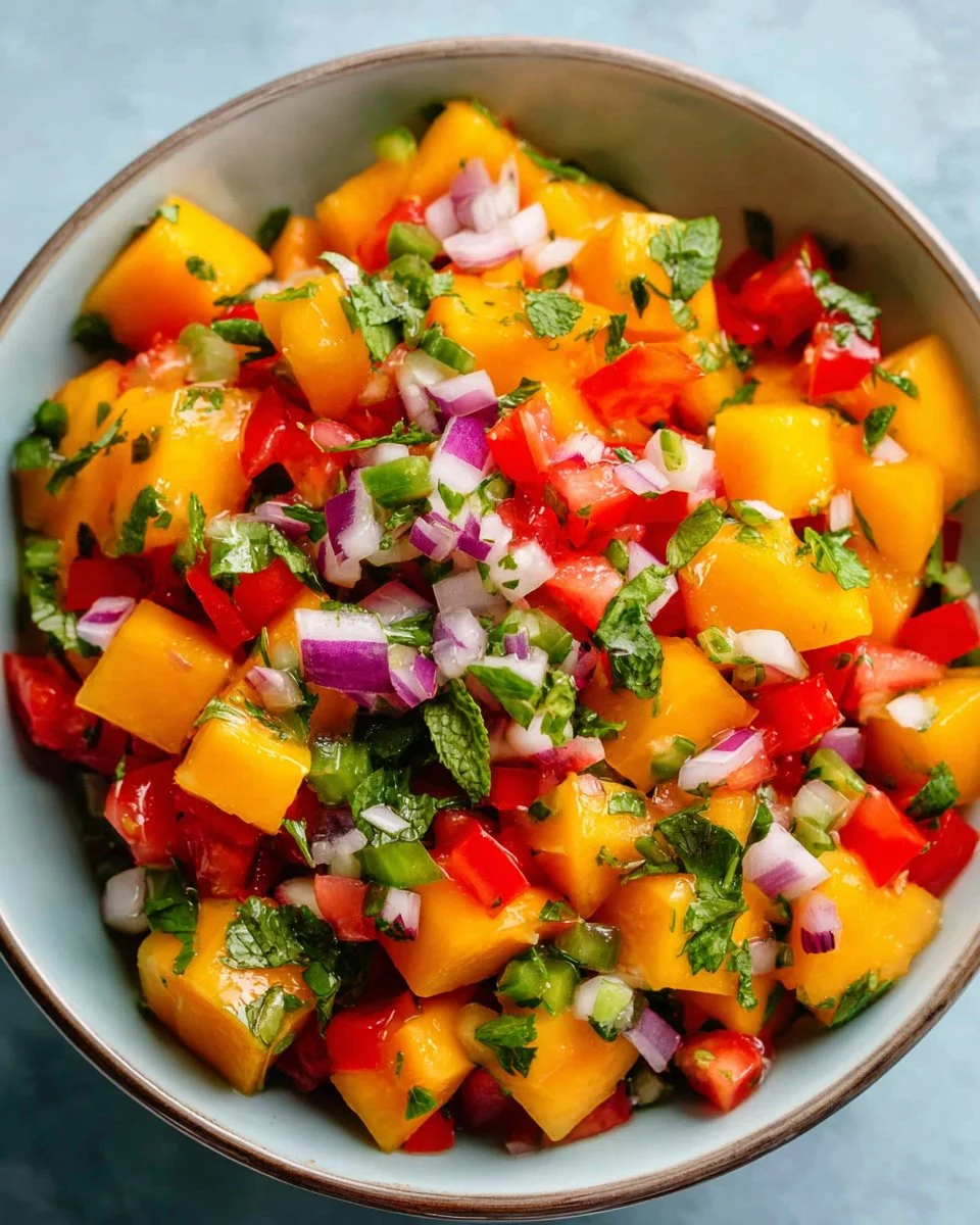 Delicious fresh mango salsa in a bowl with colorful ingredients