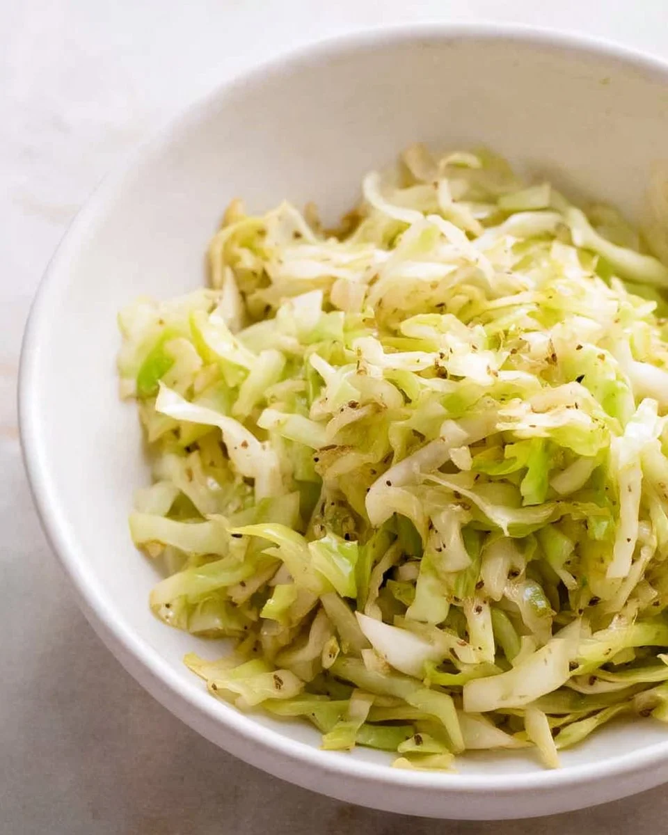 Sautéed fried cabbage in a skillet with spices and herbs.