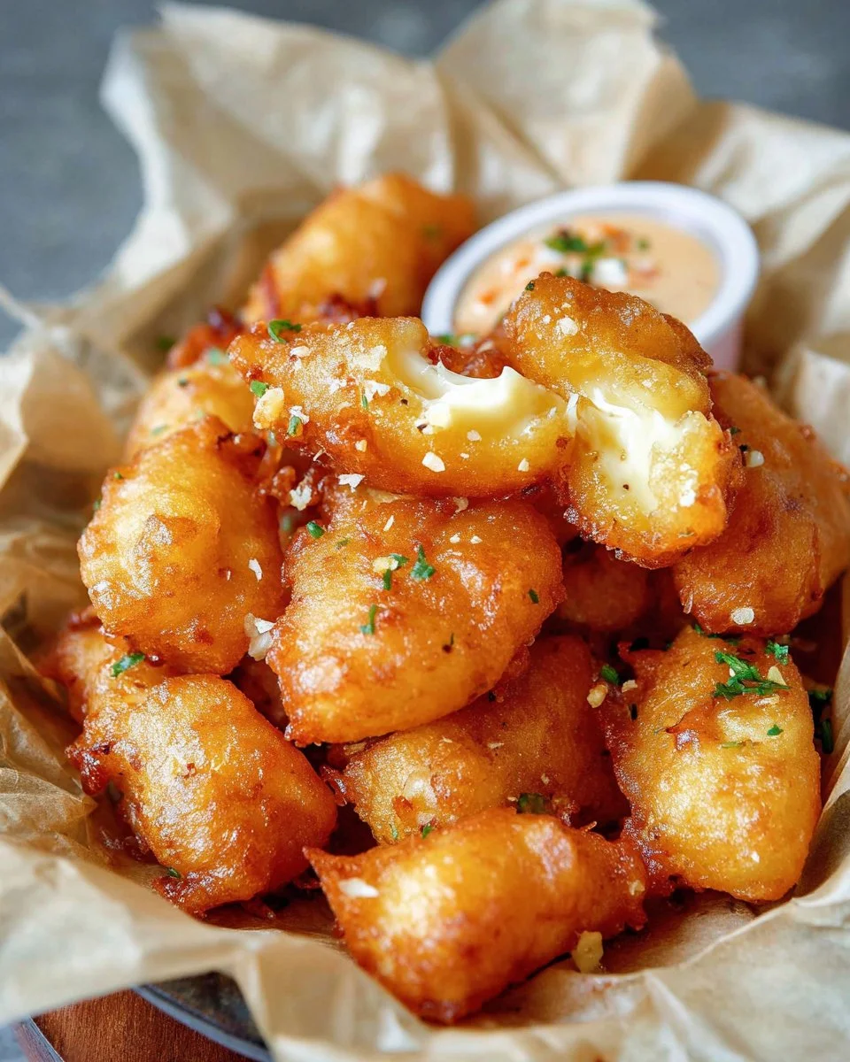Crispy golden fried cheese curds served with dipping sauce