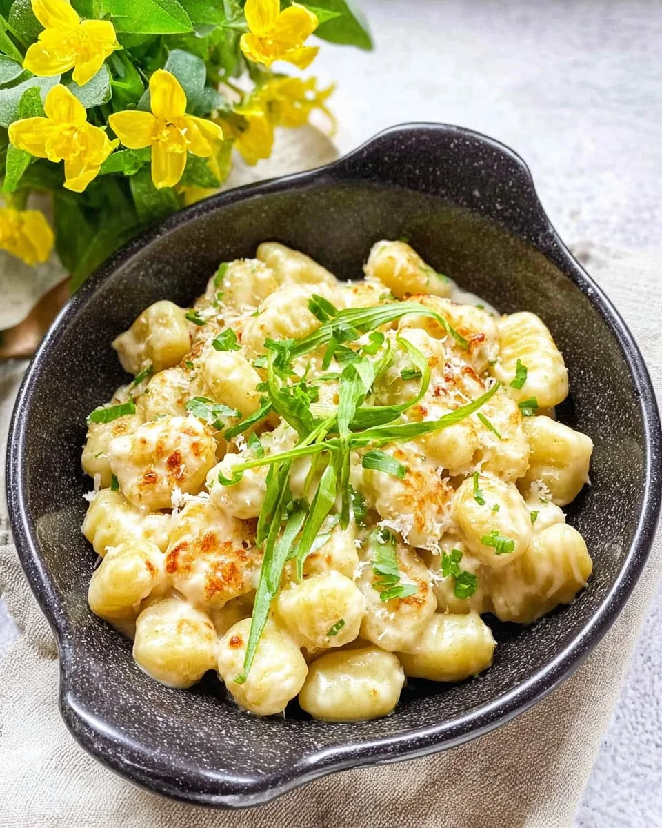 Plate of gnocchi with lemon-Parmesan sauce garnished with herbs.
