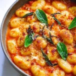 Plate of gnocchi tossed in savory tomato sauce, garnished with fresh herbs