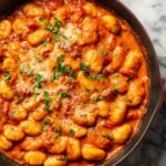 Plate of gnocchi topped with vibrant tomato sauce and fresh basil.