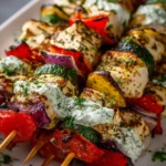 Plate of Greek Chicken Kebabs served with Tzatziki Sauce garnished with herbs.