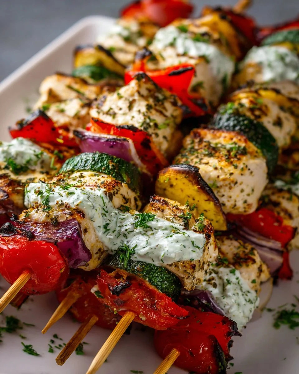 Plate of Greek Chicken Kebabs served with Tzatziki Sauce garnished with herbs.