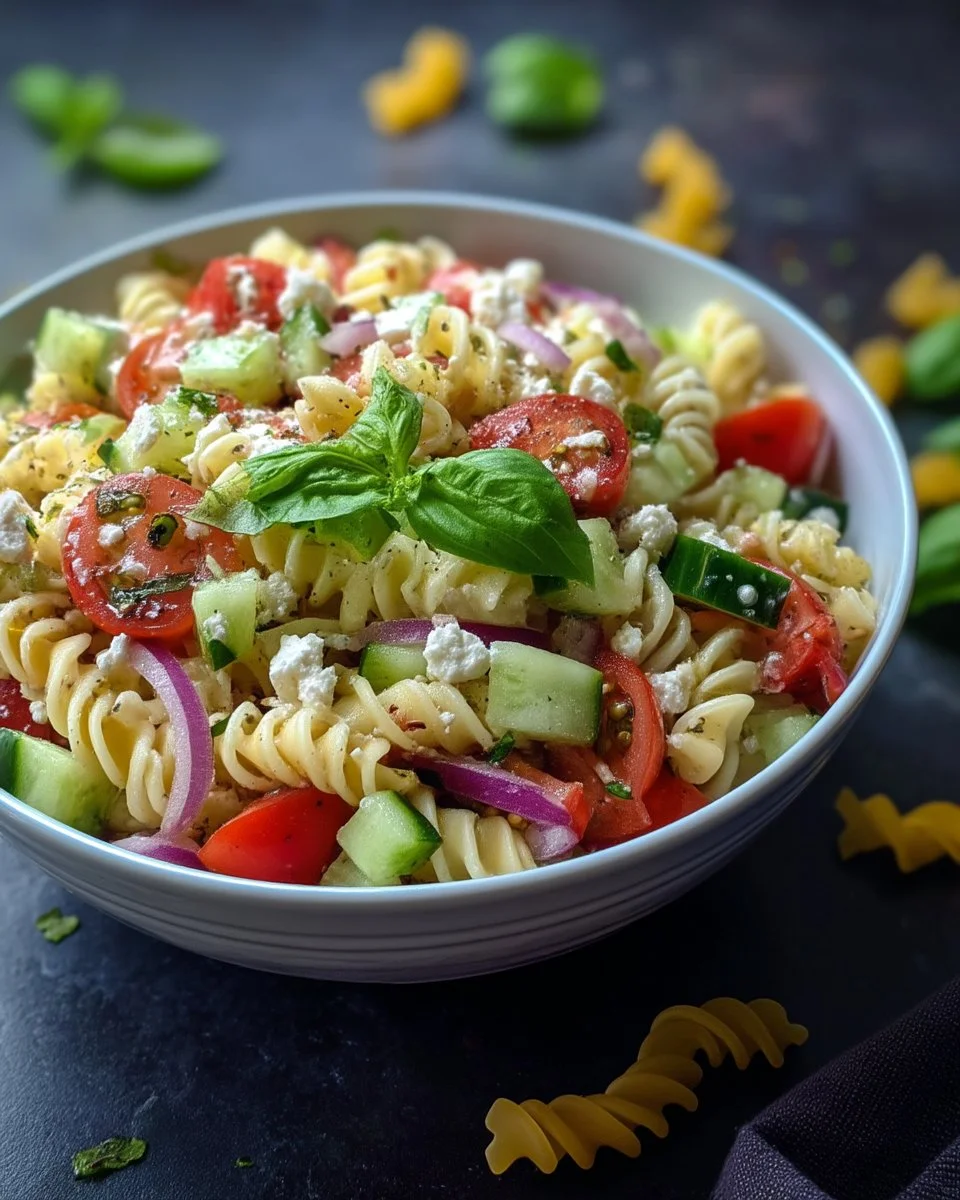 Colorful Greek Pasta Salad with vegetables, feta cheese, and olives in a bowl