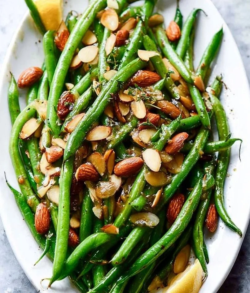Green beans with browned butter and almonds served on a plate