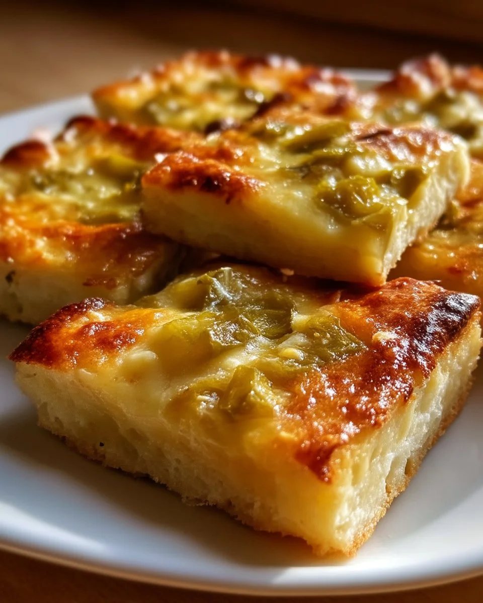 Baked Green Chile Cheese Squares topped with ingredients, delicious appetizer option.
