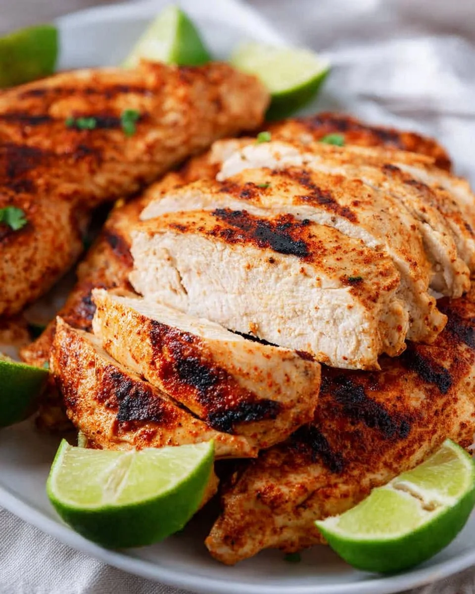 Juicy grilled chicken served on a plate with fresh herbs and vegetables.
