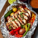Grilled chicken and vegetable foil packets ready for grilling