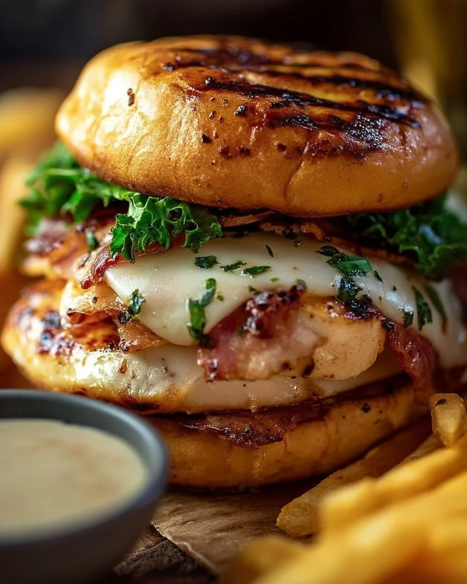 Grilled Chicken Cordon Bleu Sandwich with ham and cheese on a toasted bun