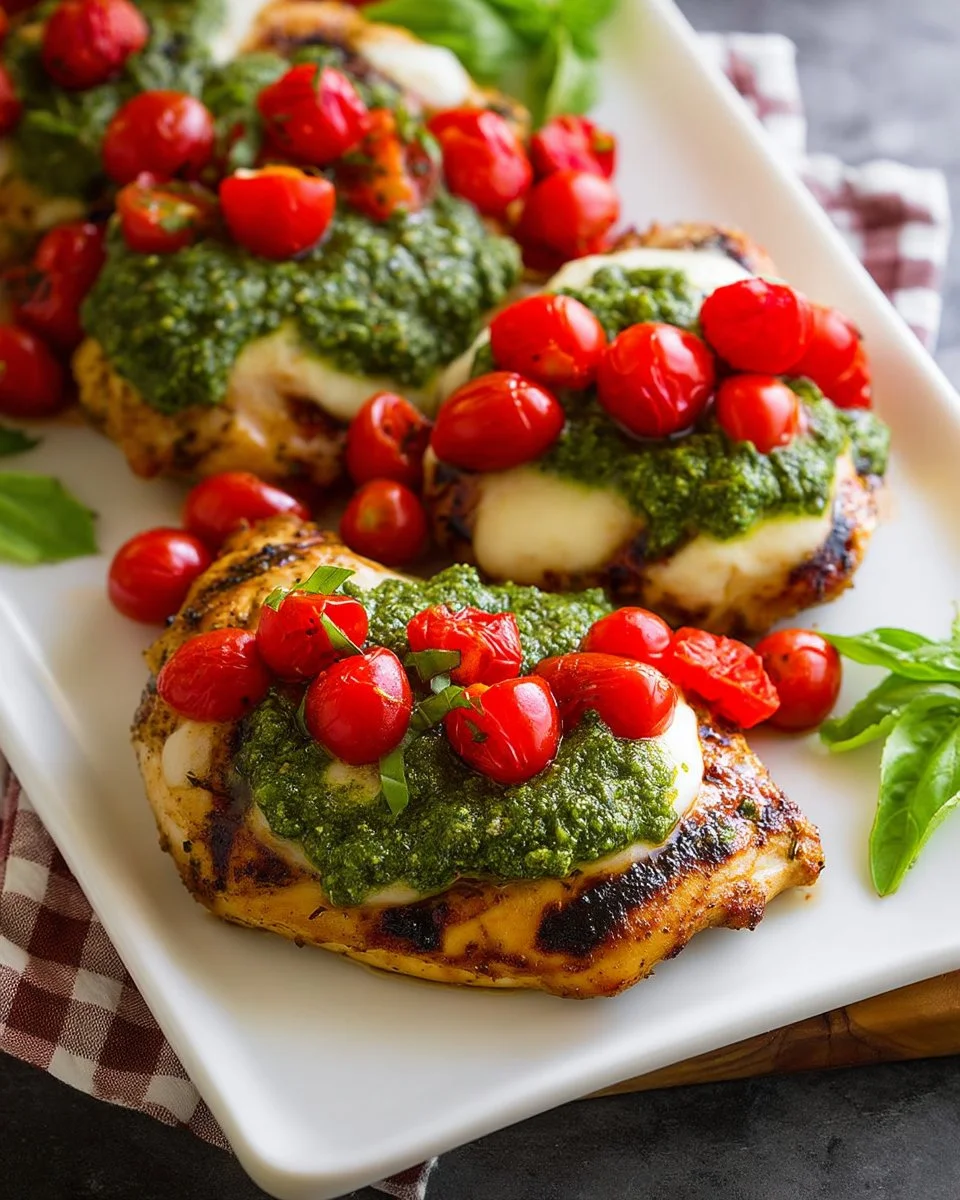 Grilled Chicken Margherita topped with fresh basil and tomatoes