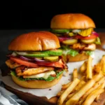 Juicy grilled chicken sandwich with fresh vegetables and sauces on a toasted bun.