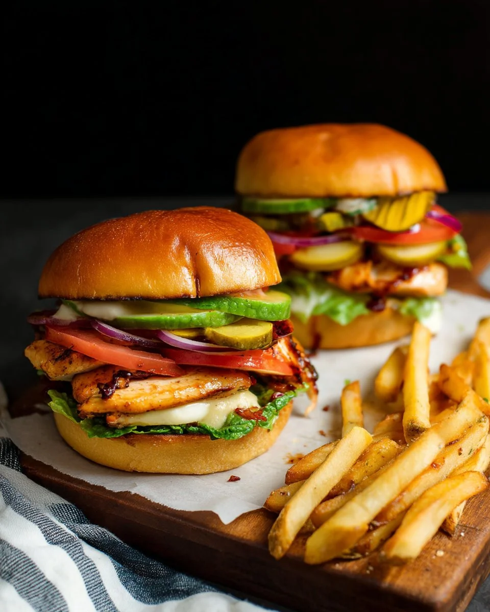 Juicy grilled chicken sandwich with fresh vegetables and sauces on a toasted bun.