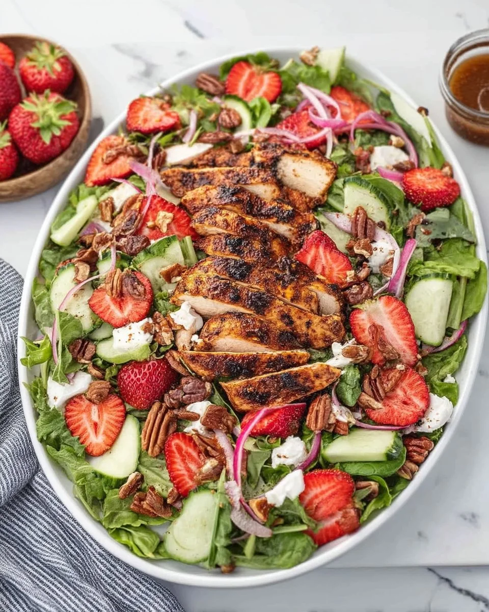 Fresh grilled chicken strawberry salad in a bowl topped with greens and dressing