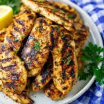 Juicy grilled chicken tenders served on a plate with fresh herbs