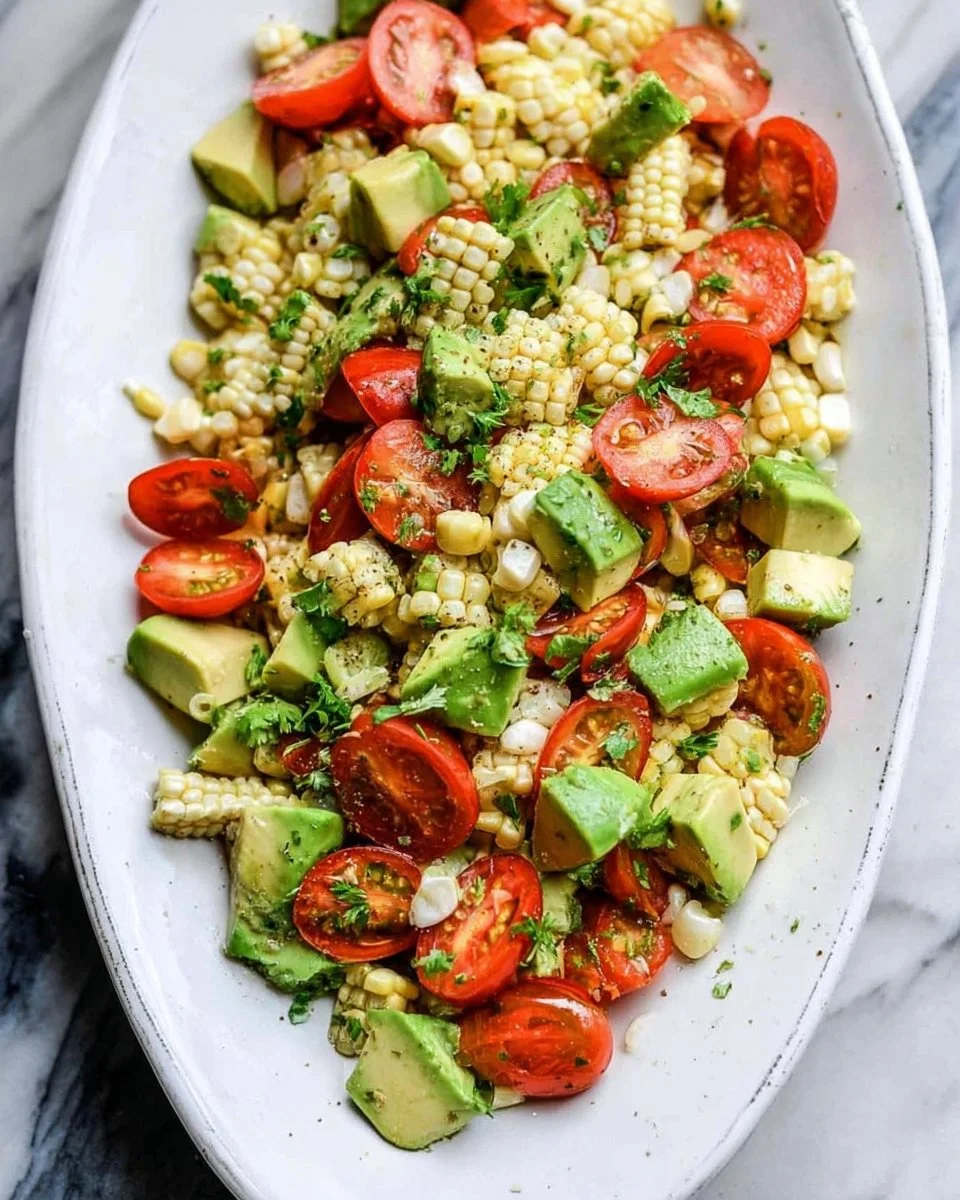 Grilled corn salad with tomato and avocado served in a bowl