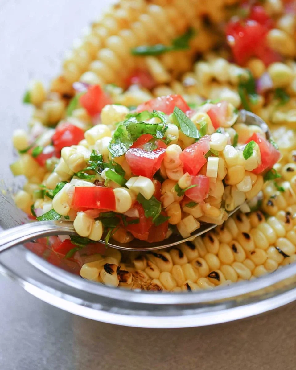 Delicious grilled corn salsa in a colorful bowl garnished with herbs