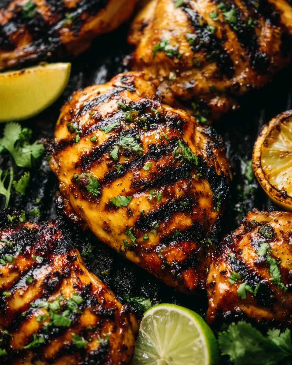 Grilled Honey Lime Cilantro Chicken on a platter garnished with fresh cilantro.