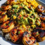 Grilled shrimp bowl with avocado corn salsa, a delicious seafood dish