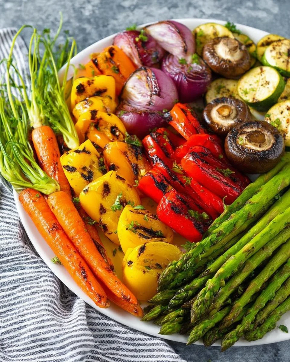 A colorful assortment of grilled vegetables including bell peppers, zucchini, and eggplant.