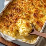 Deliciously baked Hash Brown Casserole topped with cheese and crispy edges.