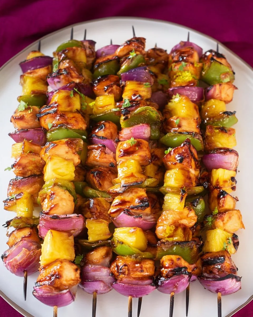 Hawaiian Chicken Kebabs grilled with tropical flavors and colorful vegetables