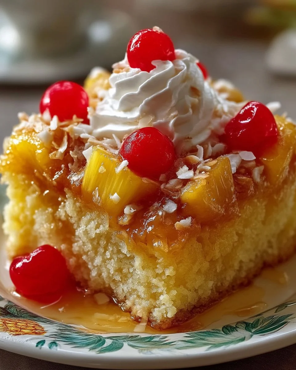 Hawaiian Pineapple Poke Cake topped with whipped cream and pineapple slices