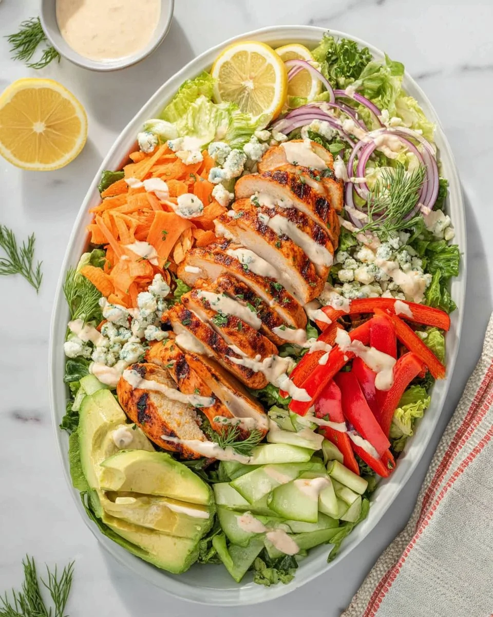 Healthy Buffalo Chicken Salad topped with fresh ingredients and sauce