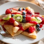 Delicious healthy oat crepes served with fresh fruit and honey.