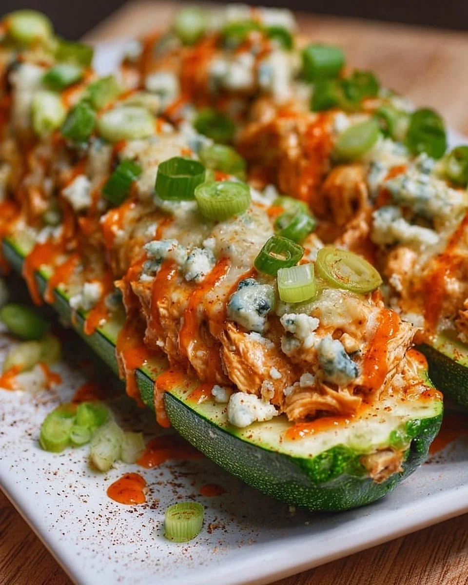 High Protein Buffalo Chicken Stuffed Zucchini Boats
